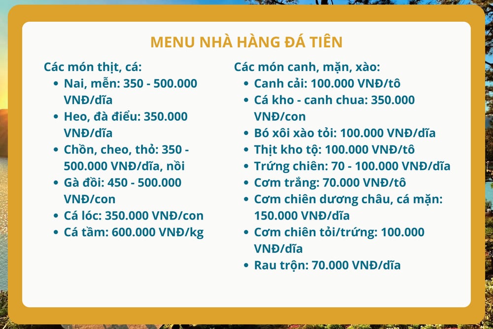 Nhà hàng Đá Tiên với thực đơn đa dạng, phong phú, giúp bạn thưởng thức được các món ăn đặc sản của rừng núi Tây Nguyên